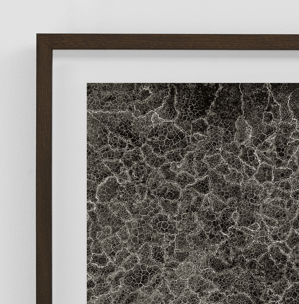 Detalje af indrammet kunstfotografi mønster i hvid og 3 varme grå farver fra serien Satellites af fotograf Kenneth Rimm